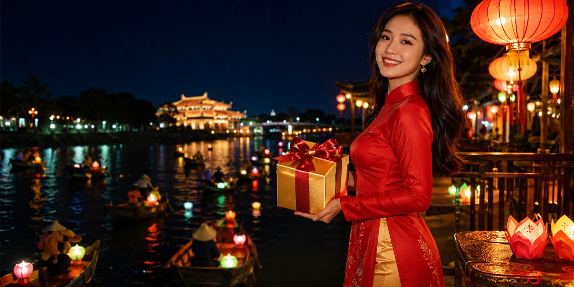 Cảnh buổi tối tại phố Hội An với người dùng kiểm tra tài khoản VIP